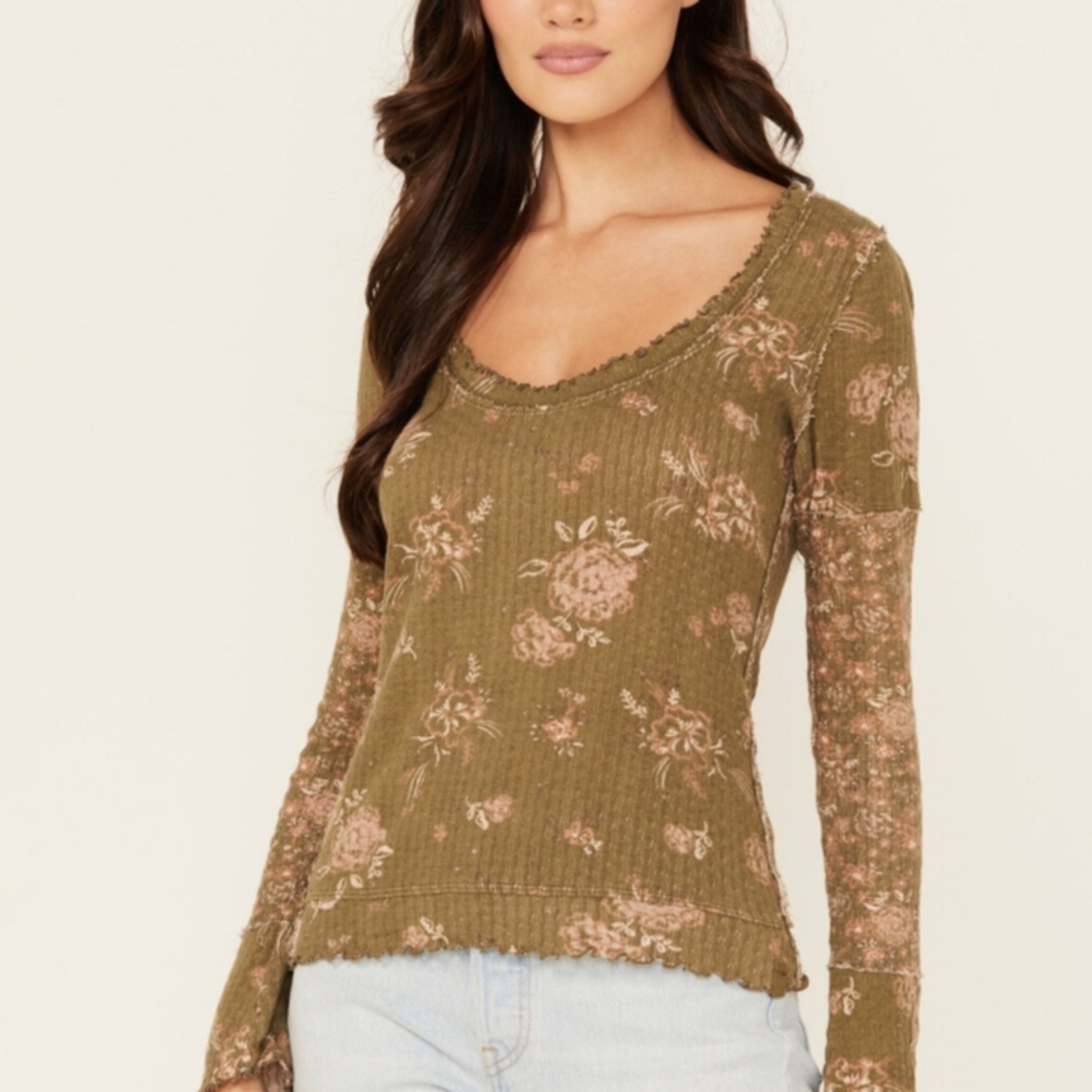 We The Free Olive Floral Long Sleeve Top